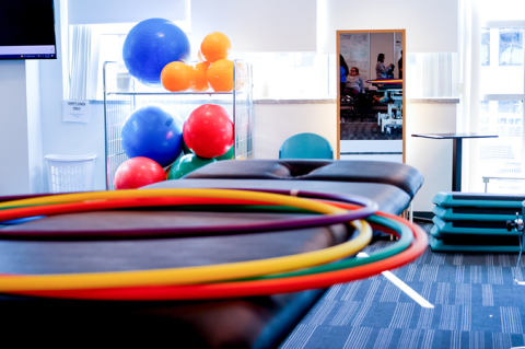 Physical therapy clinical setting featuring equipment like medicine balls and hoops